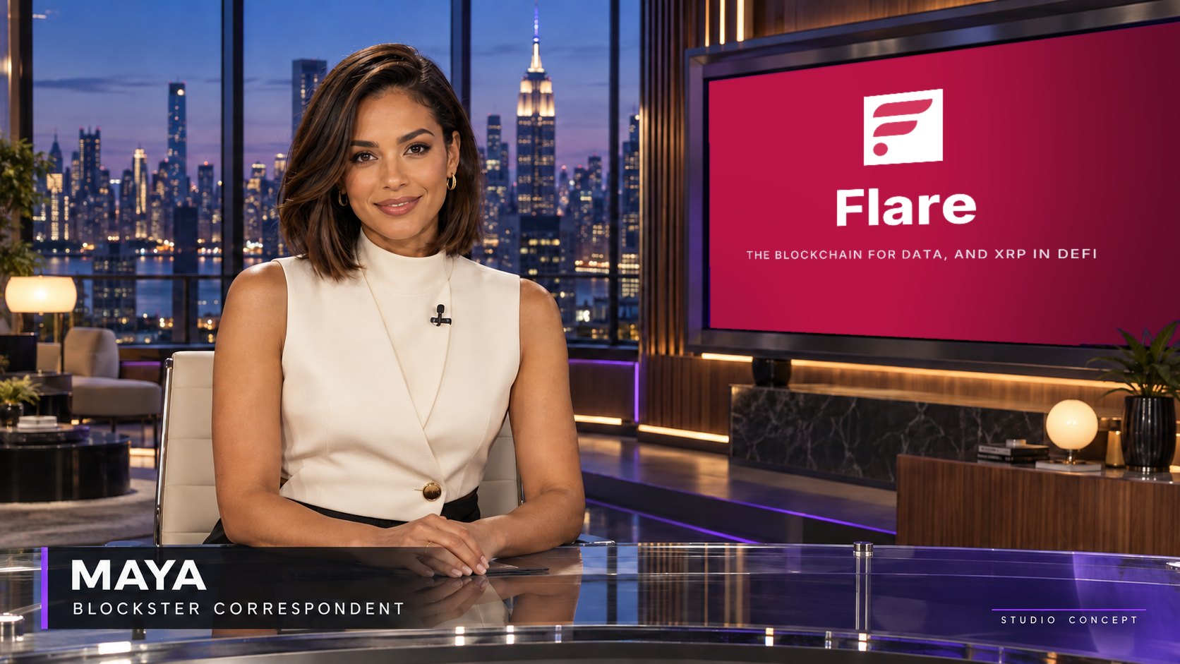 Maya, Blockster’s correspondent, at a studio desk in front of a Flare screen and the New York skyline at night