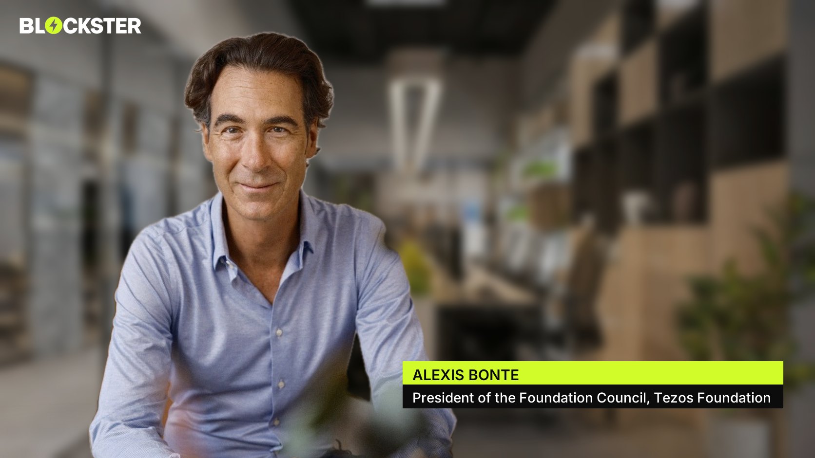 Alexis Bonte of Tezos in an office, in a Blockster interview concept