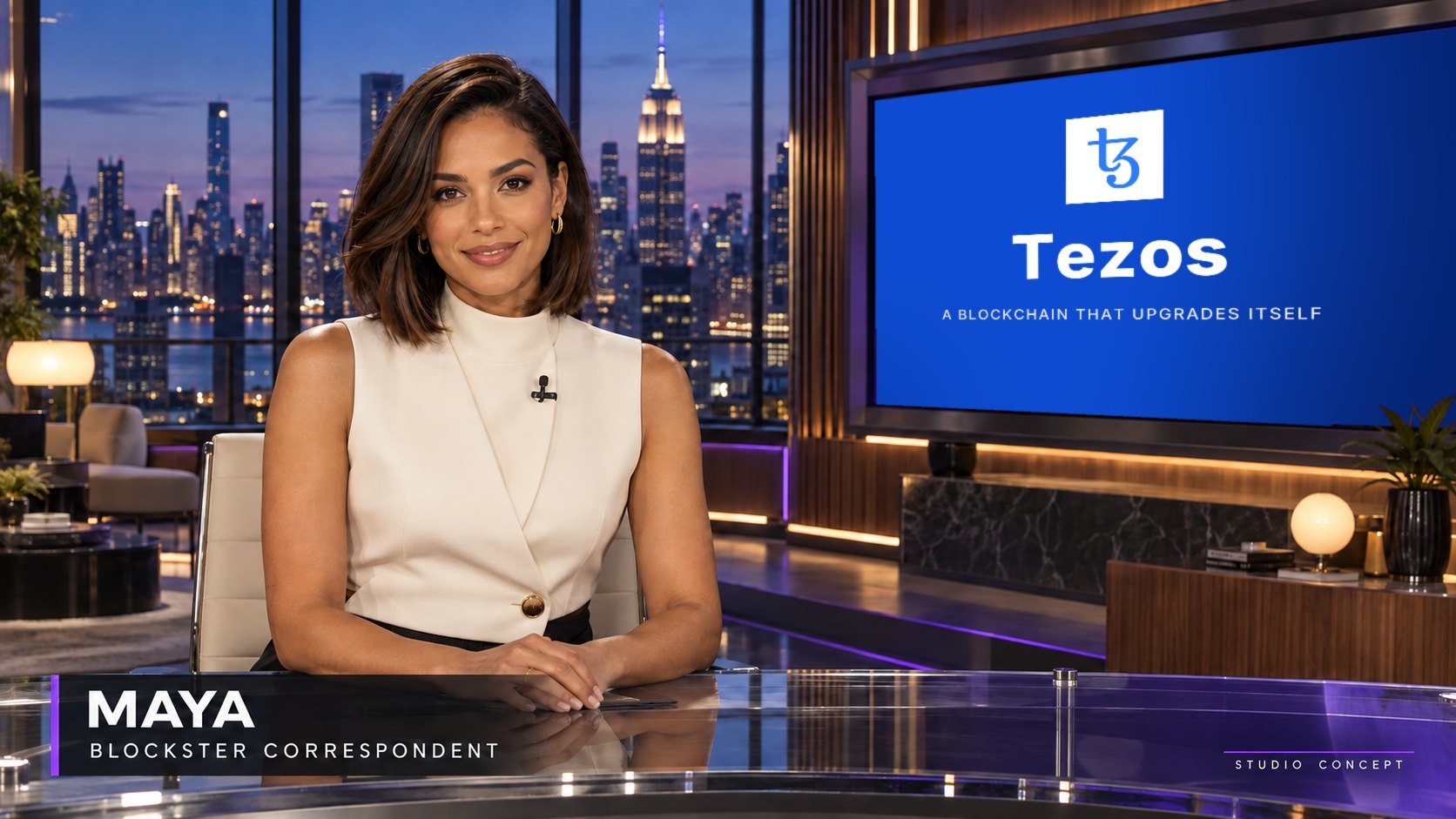 Maya, Blockster’s correspondent, at a studio desk in front of a Tezos screen and the New York skyline at night